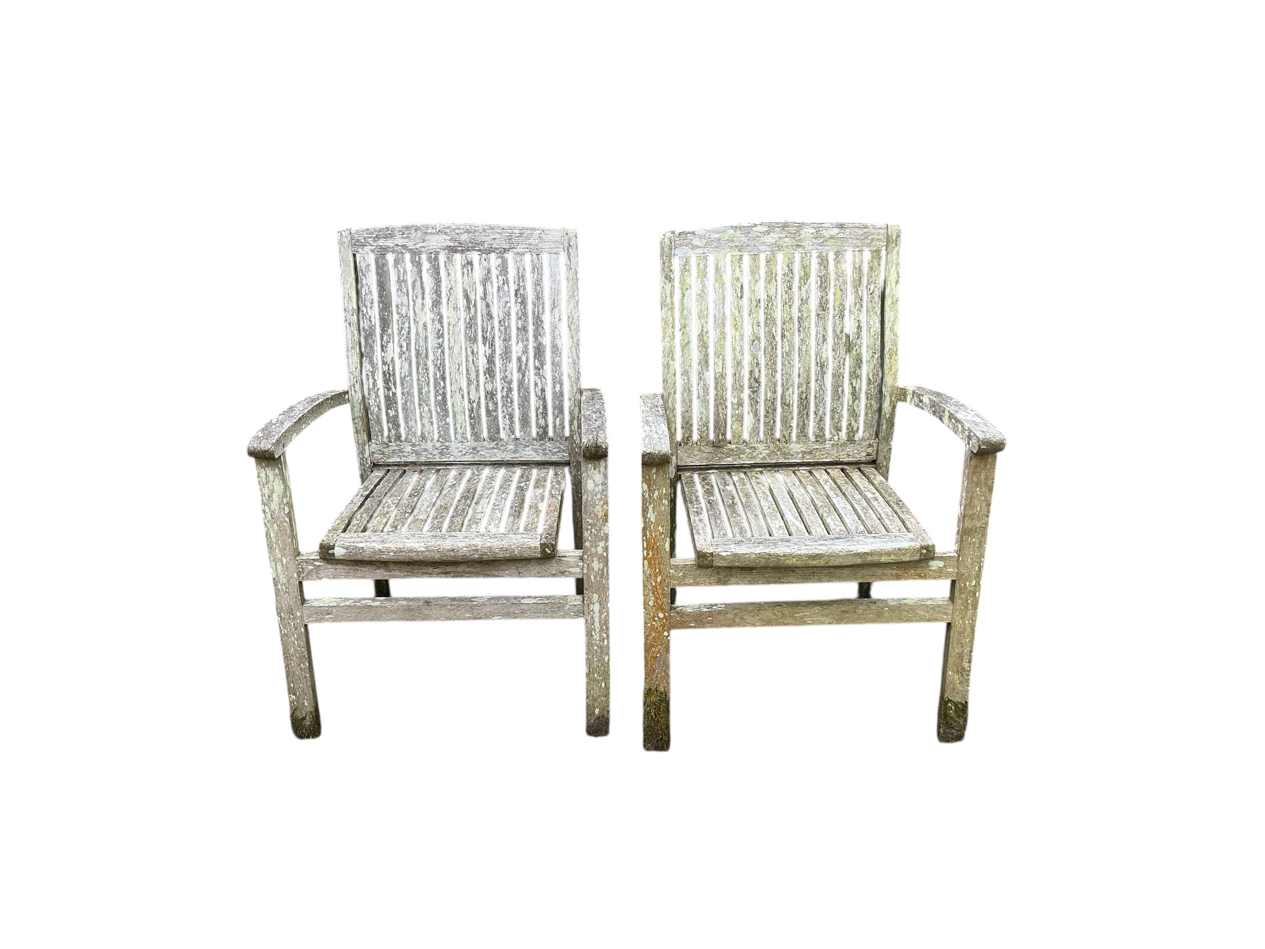 A Lindsey weathered teak square garden table, width 79cm, height 73cm and two chairs